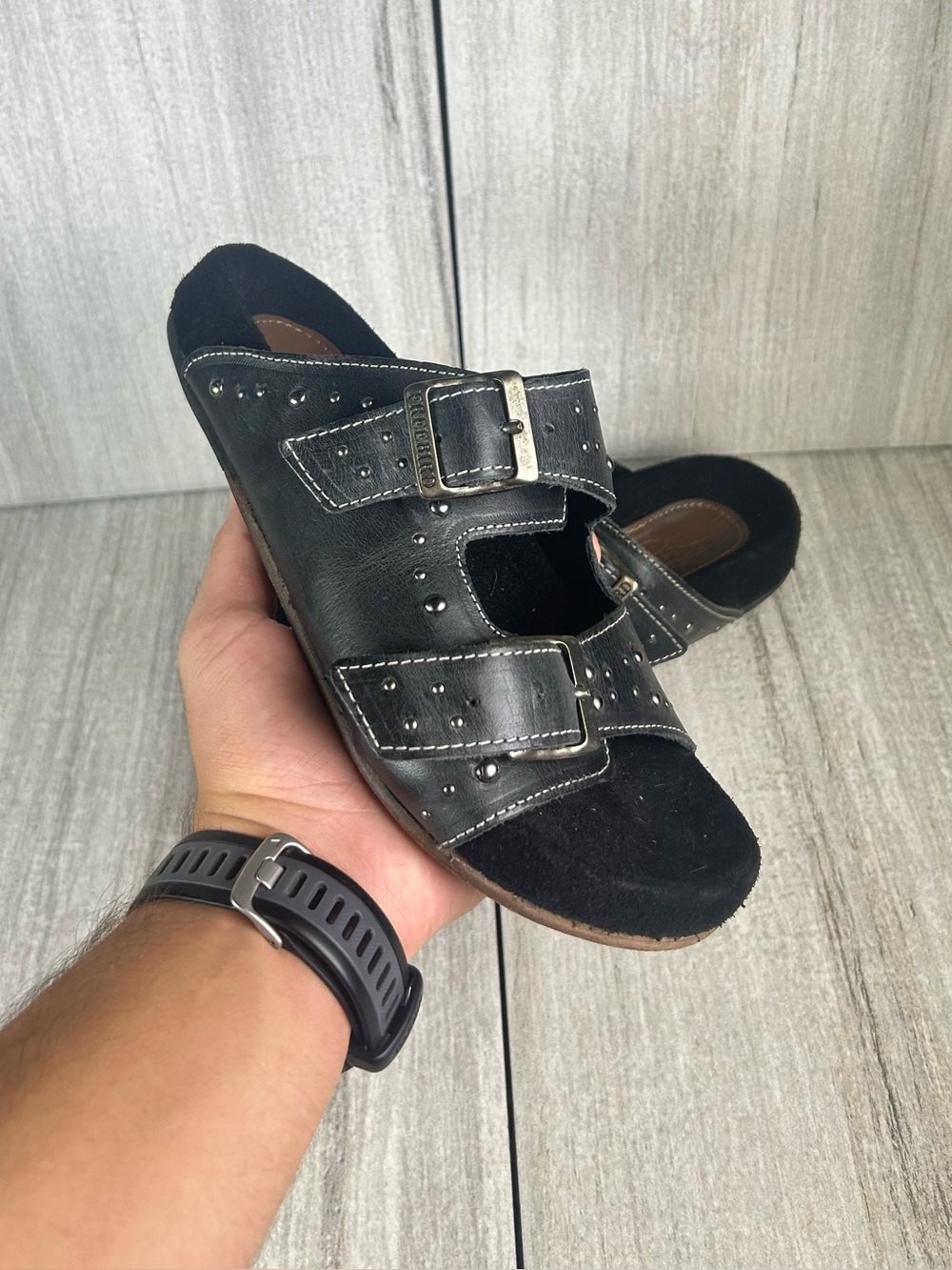 Freebird By Steven Asher Black Slip On Studded Buckle Sandal Women’s Size 7